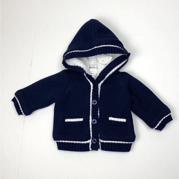 NWT BEANSTORK Baby HOODED CARDIGAN Jacket Blue White Knitted Fax Fur Lining 3M - Picture 1 of 7